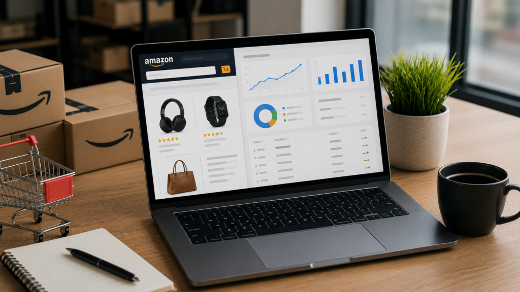 Realistic laptop displaying marketplace product analytics, keyword rankings, and sales performance dashboard for Amazon and online marketplace sellers.