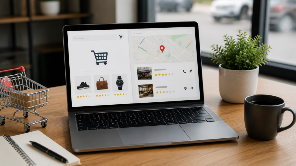 Realistic laptop displaying an SEO dashboard with ecommerce product listings and local business map results, demonstrating SERP tools for online stores and local search optimization.