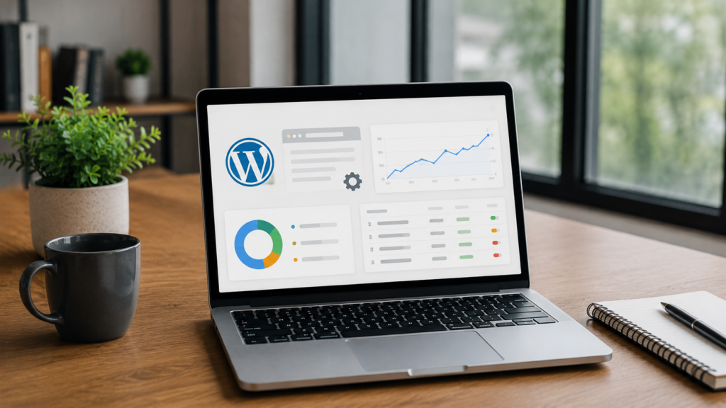 Realistic laptop displaying SEO analytics and SERP tracking dashboard for WordPress and custom websites, highlighting keyword performance and search visibility.