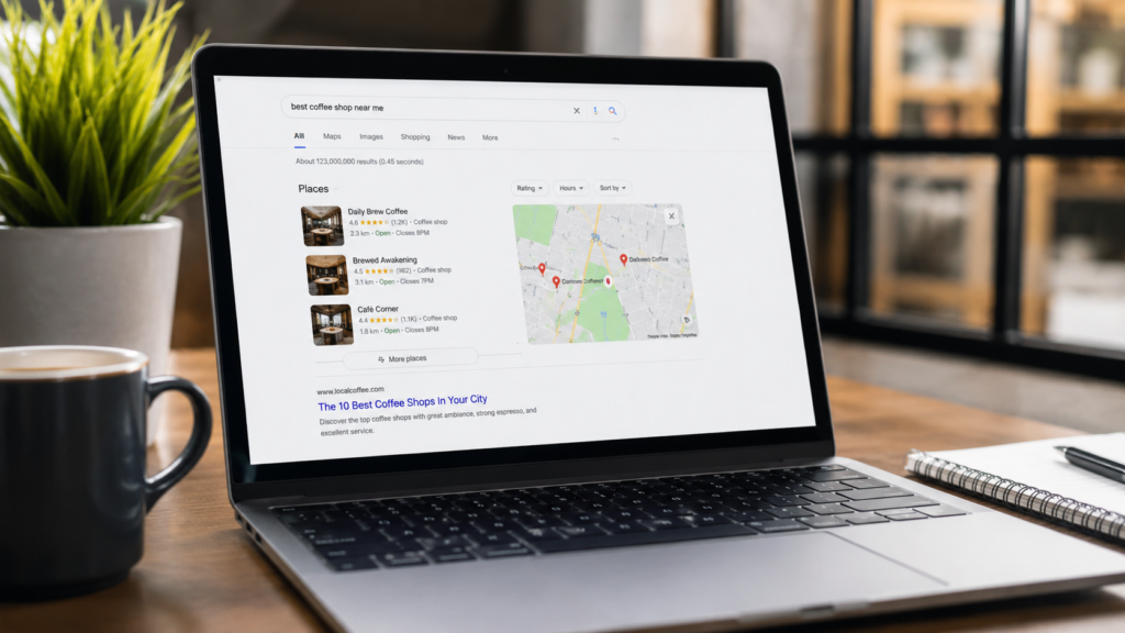 Realistic laptop displaying a search engine results page (SERP), illustrating why SERP visibility is important for SEO, website traffic, and online discoverability.