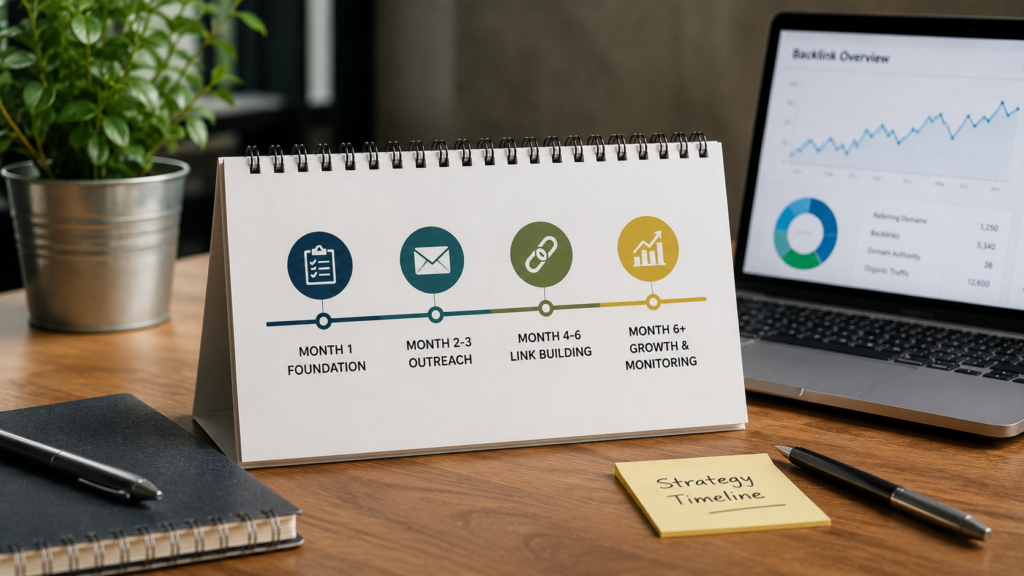 Realistic SEO planning workspace featuring a backlink strategy timeline on a desk calendar alongside a laptop displaying website analytics, illustrating a practical long-term backlink growth plan.