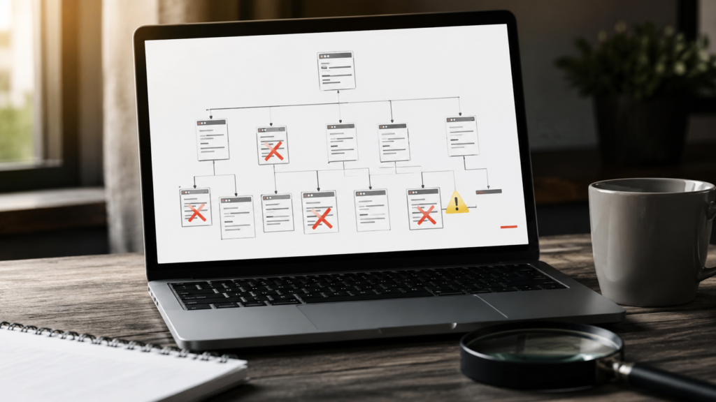 Realistic SEO workspace showing a website sitemap with crawl errors and warning icons on a laptop, illustrating sitemap issues that negatively impact local SEO and industry search rankings.