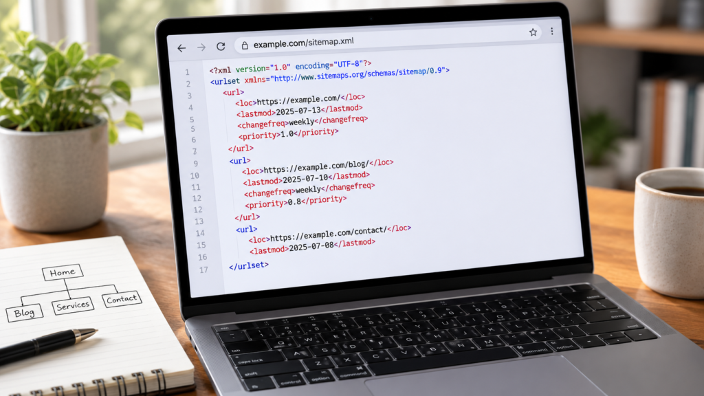 Laptop displaying an XML sitemap alongside a simple website structure sketch, illustrating a practical sitemap example for SEO and website organization.