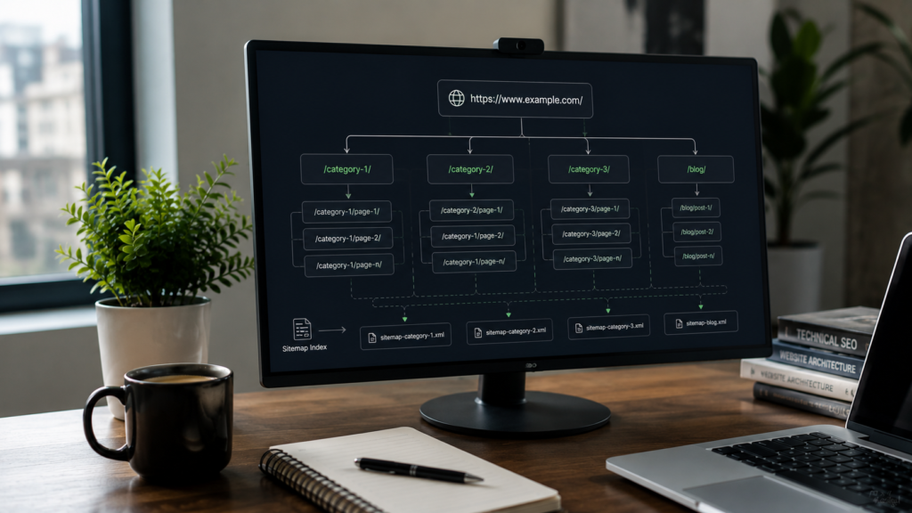 Realistic SEO workspace displaying a sitemap finder analyzing the structure of a large website with multiple categories and XML sitemaps.