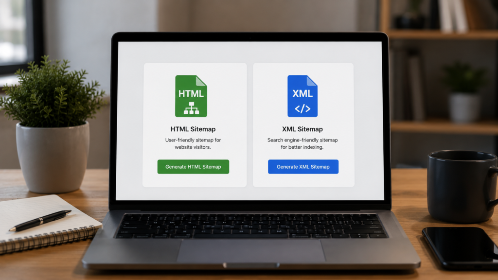 Laptop displaying HTML and XML sitemap generation options, illustrating the difference between user-friendly HTML sitemaps and search engine-focused XML sitemaps.