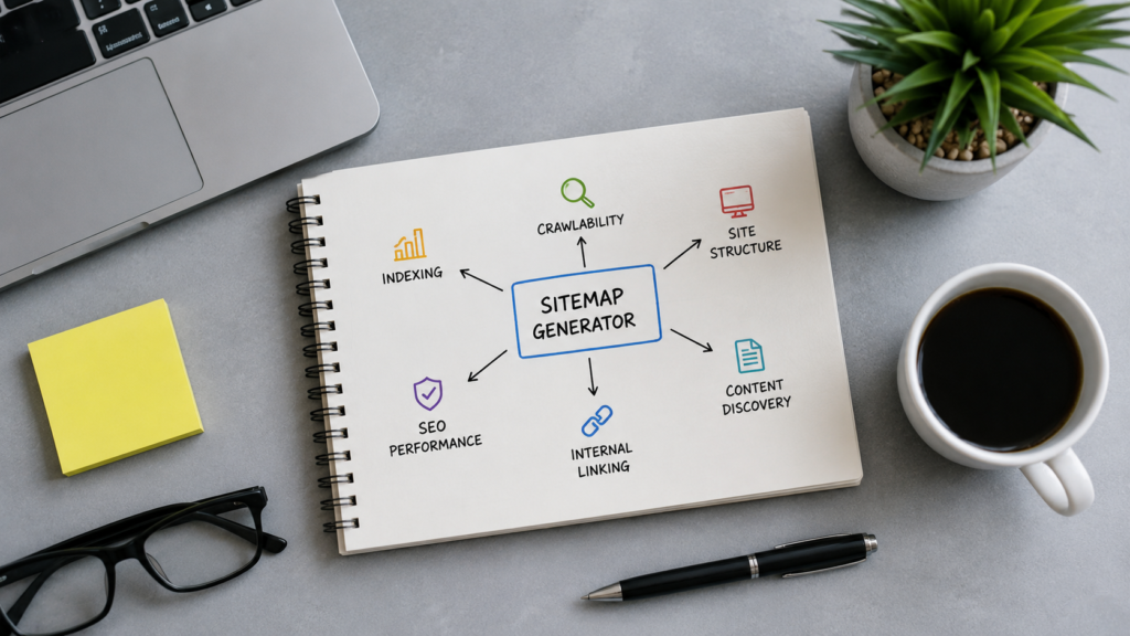 Flat-lay workspace with a notebook showing a sitemap generator mind map connected to indexing, crawlability, site structure, internal linking, and SEO performance.