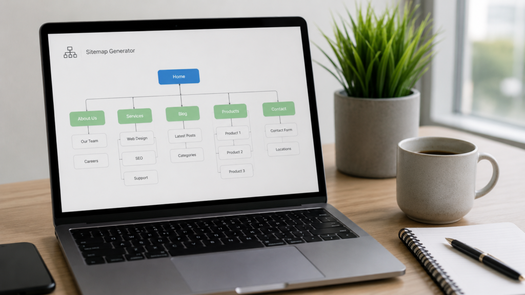 Laptop displaying a sitemap generator interface with a visual website structure, representing automated XML sitemap creation for SEO.