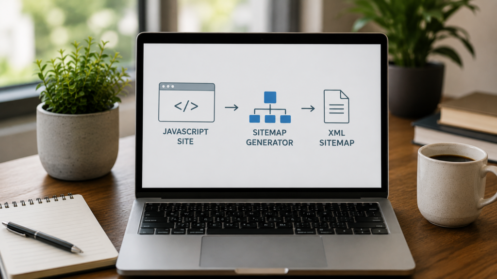 Laptop displaying a workflow from a JavaScript website to a sitemap generator and XML sitemap, illustrating sitemap creation for JavaScript-based websites.