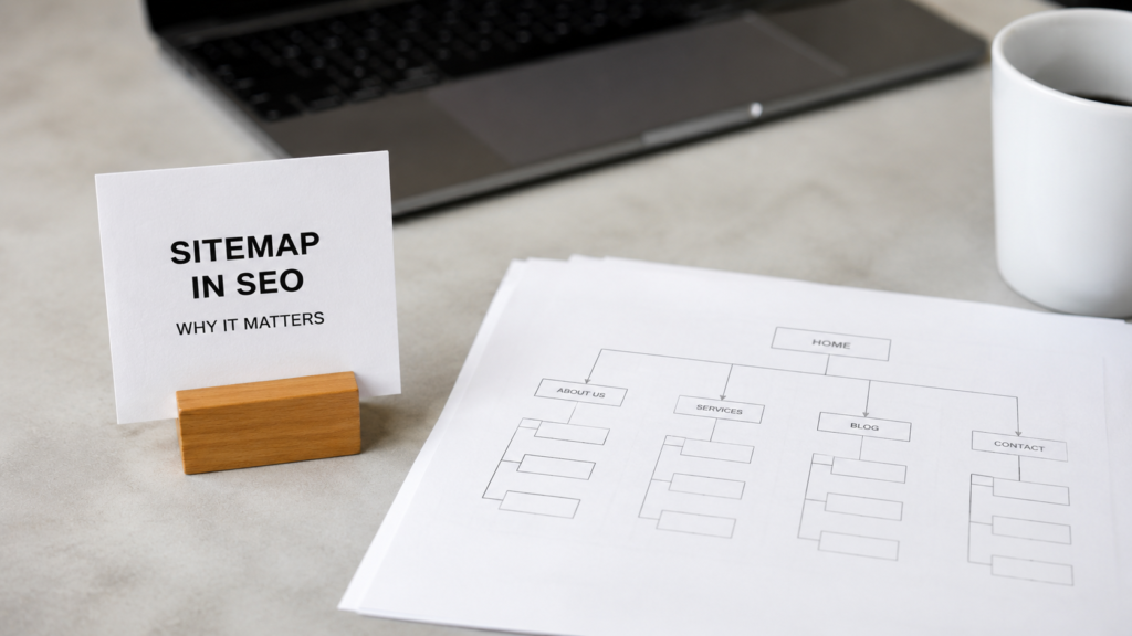 Minimal workspace featuring a sitemap diagram beside a sign reading “Sitemap in SEO: Why It Matters,” representing website structure and search engine optimization.