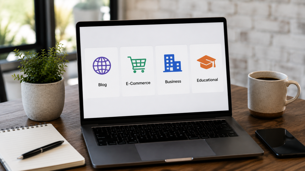 Realistic workspace showing a laptop displaying image, video, and news sitemap structure alongside a camera, video camera, and newspapers for SEO media indexing.
