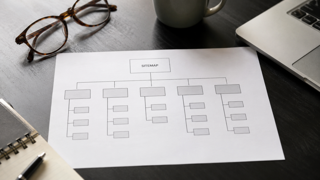 Printed sitemap diagram on a desk beside a laptop, coffee mug, and eyeglasses, illustrating website structure planning for SEO.