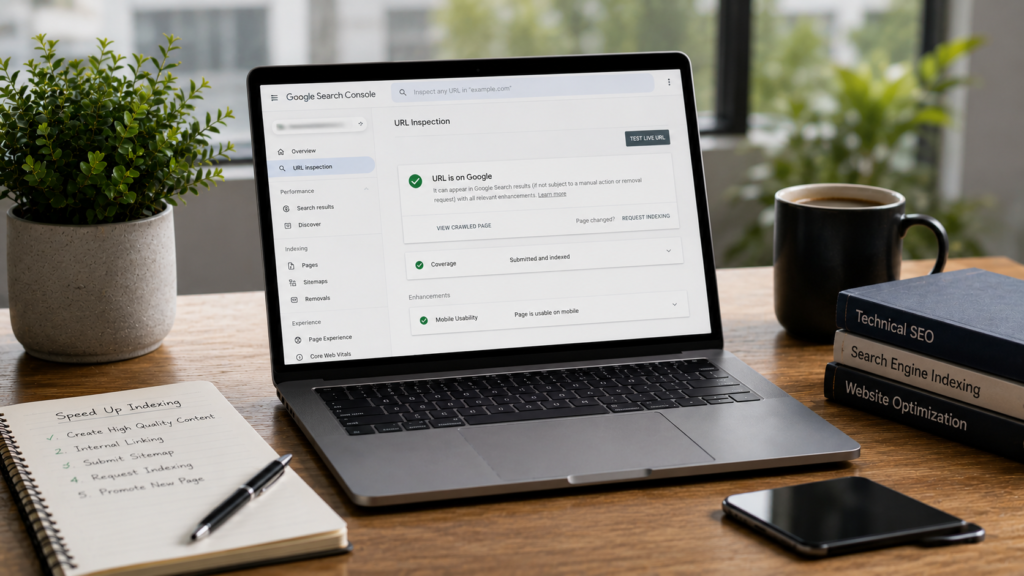 Realistic SEO workspace showing Google Search Console URL inspection, sitemap submission, and indexing requests to accelerate indexing of newly published web pages.