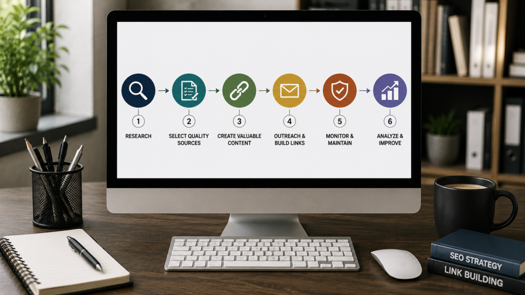 Realistic SEO workspace with a monitor displaying a step-by-step backlink workflow covering research, quality source selection, content creation, outreach, monitoring, and continuous optimization for sustainable link building.
