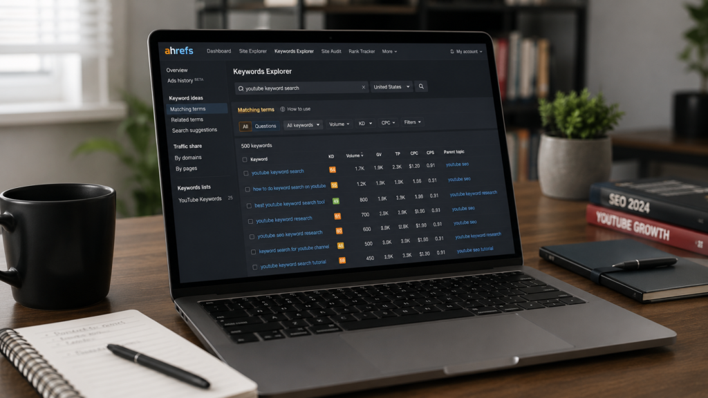 Realistic SEO workspace with a laptop displaying Ahrefs Keywords Explorer, keyword research metrics, and YouTube SEO planning materials illustrating how to find YouTube keywords using Ahrefs.
