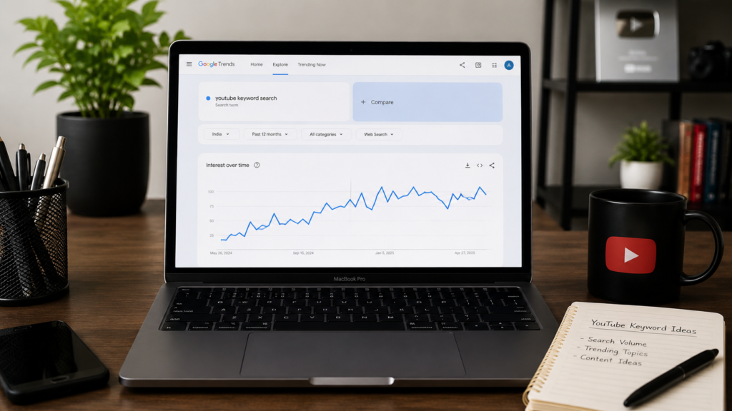 Realistic modern workspace with a laptop displaying Google Trends search data, YouTube-themed accessories, and keyword planning notes illustrating how to research YouTube keywords using Google Trends.