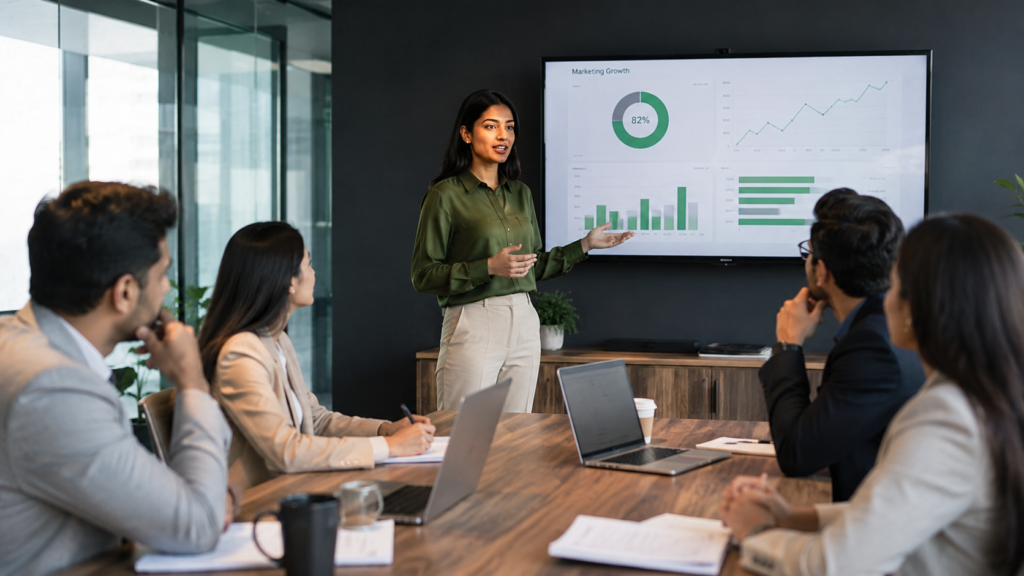 Professional marketing team presenting a persuasive business pitch in a modern conference room with data-driven charts, engaging stakeholders during a realistic strategy meeting.