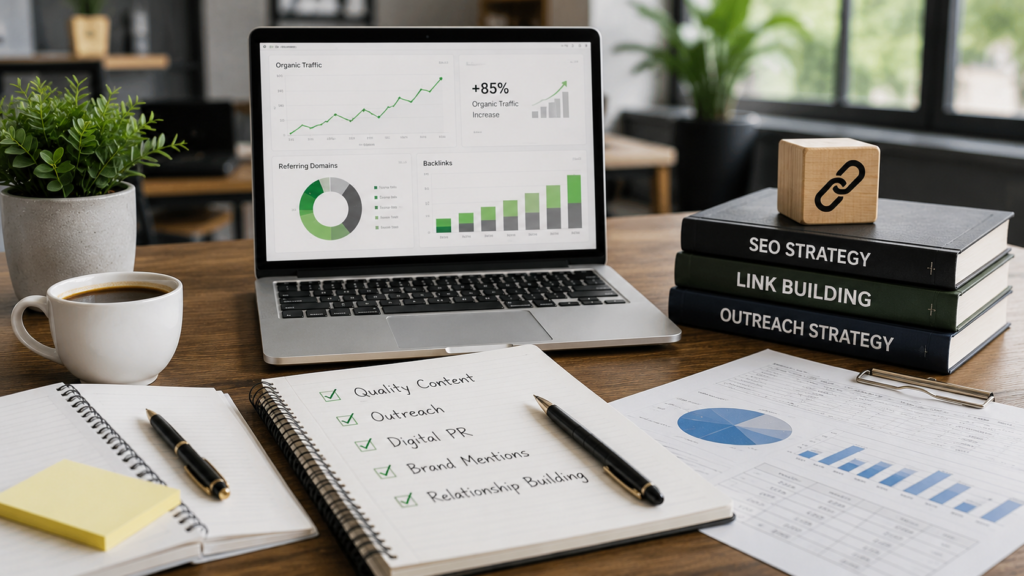 Realistic professional workspace with SEO analytics dashboard, backlink strategy notes, performance reports, and business planning materials illustrating long-term link building investment and measurable growth.