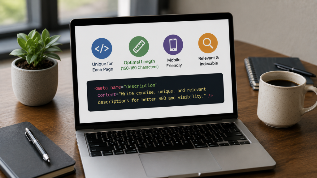 Laptop displaying meta description code and SEO guidelines for character length, uniqueness, mobile optimization, and search engine indexing.