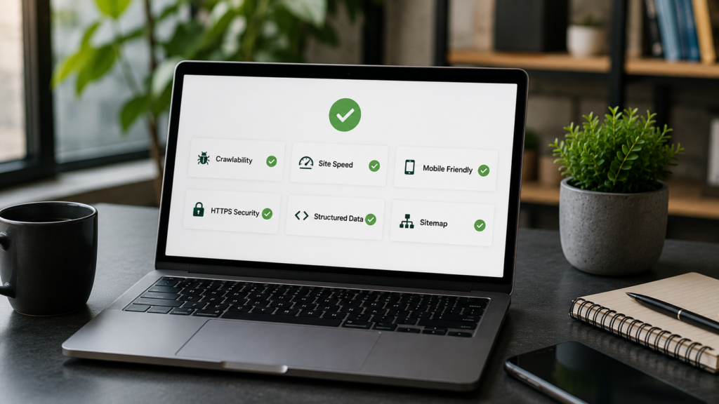 Realistic laptop displaying a technical SEO dashboard with crawlability, site speed, mobile friendliness, HTTPS security, structured data, and sitemap status indicators.