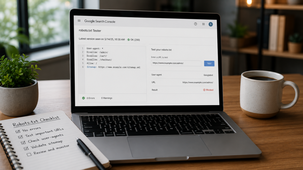 Photorealistic workspace with a laptop displaying a robots.txt testing tool, showing crawl validation results, syntax checks, and robots.txt verification for SEO optimization.