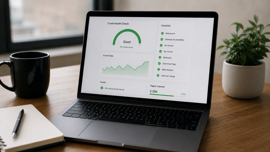 Laptop displaying a crawl health dashboard and pre-launch SEO checklist on a modern office desk, illustrating website crawl testing before launch.