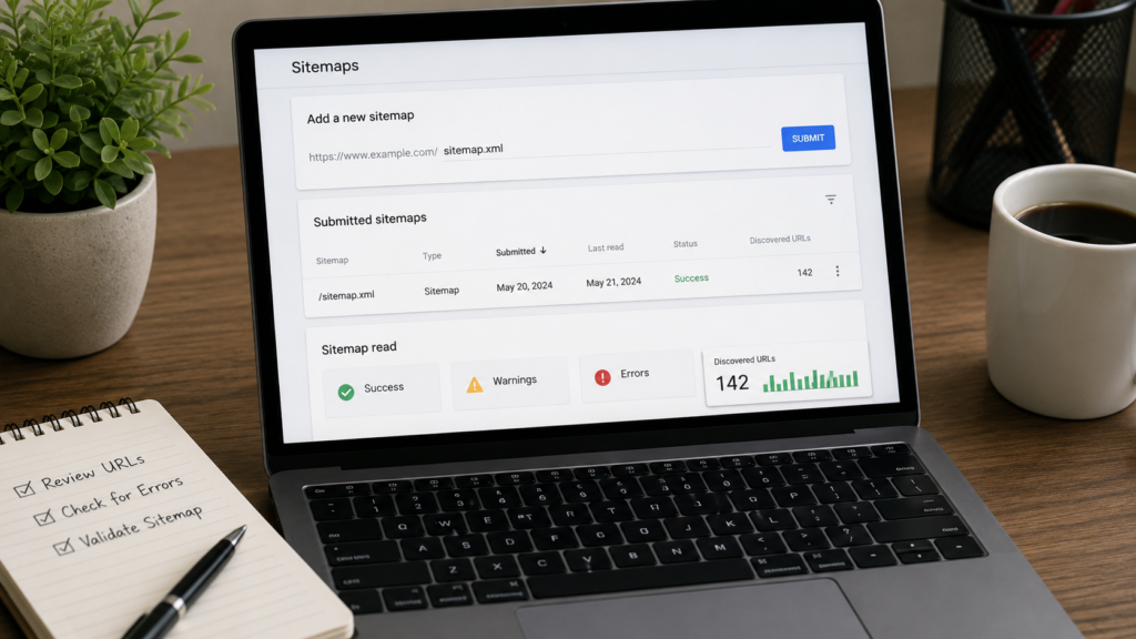 Laptop displaying a sitemap validation dashboard with a checklist and workspace accessories, representing testing a website sitemap before major SEO or site updates.