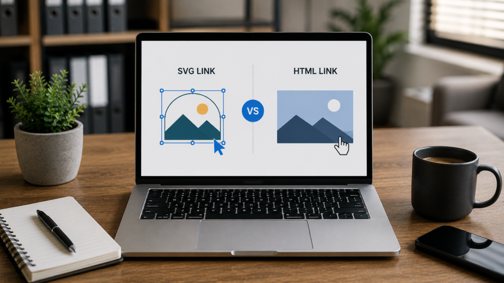 Realistic web development workspace with a laptop comparing SVG text anchors and standard HTML links, illustrating how SVG anchor elements enable clickable graphics and interactive visual content