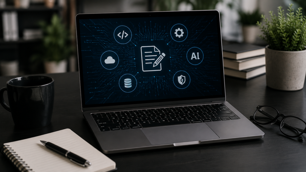 Realistic modern tech workspace with a laptop displaying coding, AI, cloud, and cybersecurity icons, representing practical tips for successful technology guest posting and SEO content outreach.