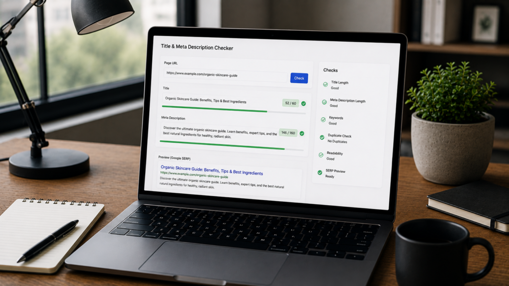 Realistic modern workspace with a laptop displaying a title and meta description checker tool, featuring SERP preview, character length validation, readability analysis, and SEO optimization checks for search results.