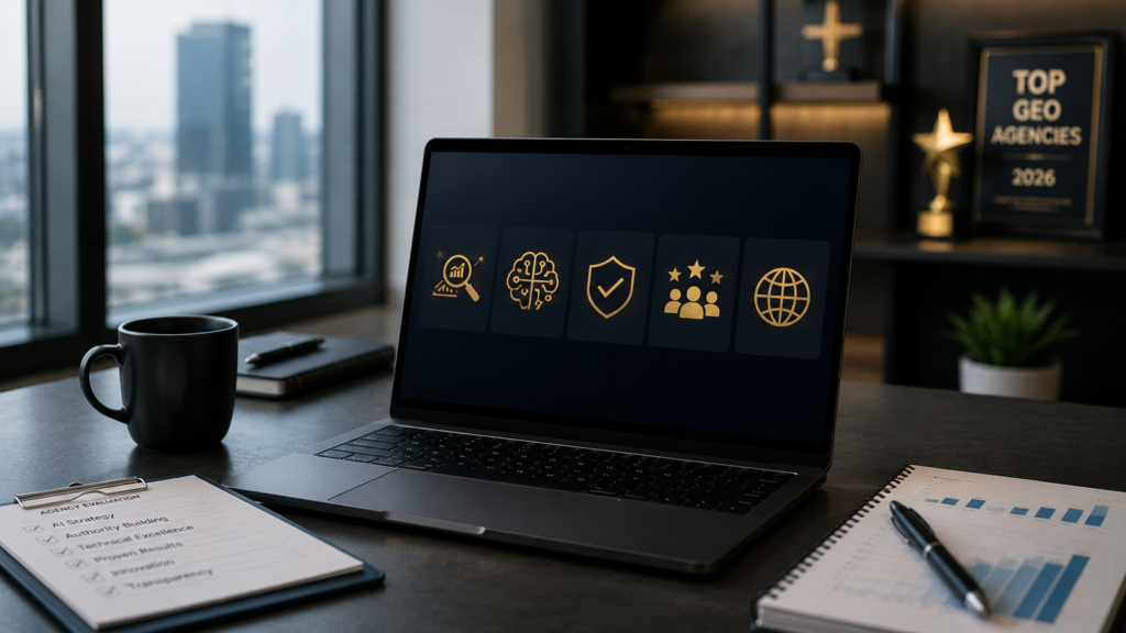 Realistic executive workspace showcasing advanced GEO strategy, AI search optimization, authority building, performance analytics, and trust signals representing the qualities that distinguish leading Generative Engine Optimization agencies in 2026.