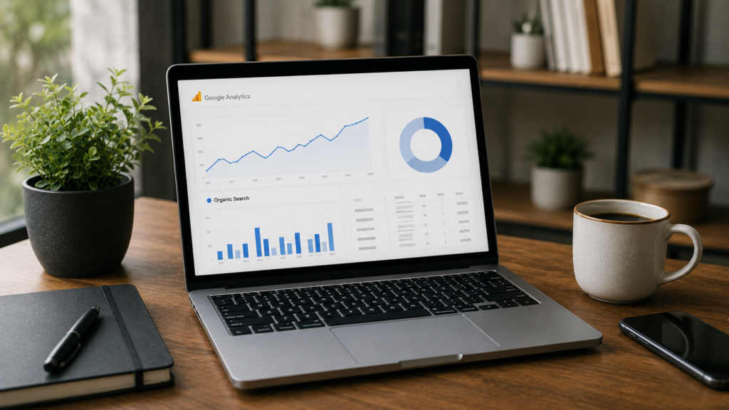 Realistic laptop displaying a Google Analytics dashboard with organic search traffic trends, user metrics, and performance charts in a modern professional workspace.