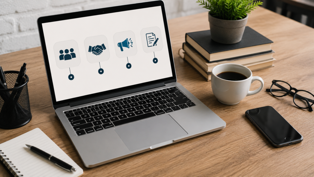Modern office desk with a laptop displaying different guest posting opportunity icons, representing editorial, niche, business, and outreach guest posting strategies in a realistic workspace.