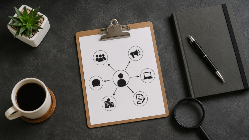 Realistic overhead workspace featuring a clipboard with a simple guest posting opportunity diagram, symbolizing different types of guest posting opportunities for SEO, outreach, and content marketing