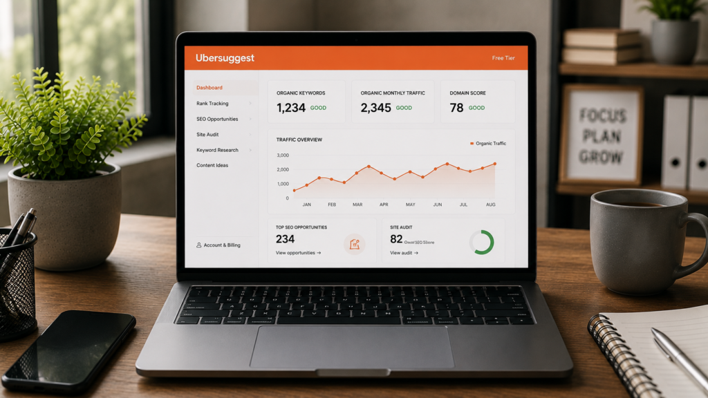 Realistic modern workspace displaying the Ubersuggest dashboard with free keyword research features, search volume, SEO difficulty, domain analysis, content ideas, and traffic insights for beginner SEO research.