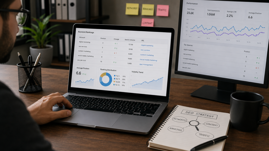 Realistic SEO workspace with keyword ranking dashboards, search performance metrics, and analytics screens showing how keyword search rankings are tracked and monitored over time.