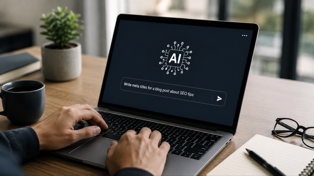 Professional workspace with a laptop displaying an AI writing assistant generating SEO-friendly meta title suggestions, highlighting AI-powered content optimization in a realistic office setting.