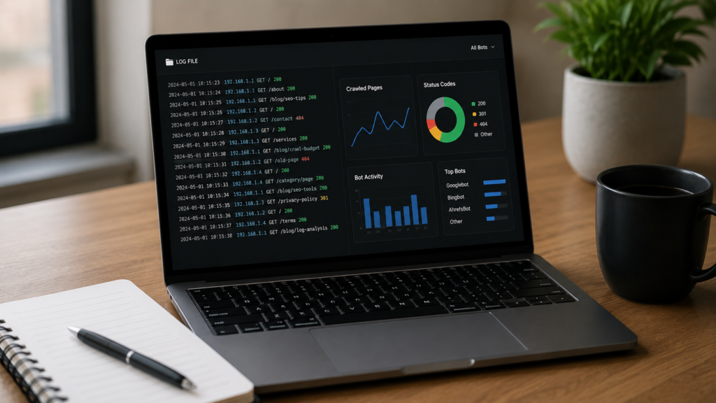 Laptop displaying website log file analytics and crawl data dashboard in a modern workspace, illustrating log file analysis for SEO.