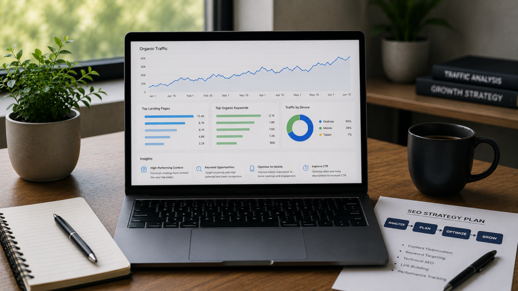 Laptop displaying organic traffic analytics, keyword performance, and SEO insights alongside a strategy planning document, illustrating how website traffic data can be used to refine and improve digital marketing and SEO strategies.