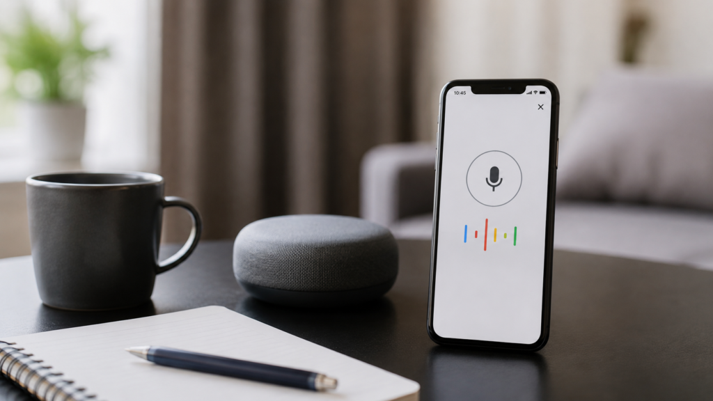 Smartphone displaying a voice search interface beside a smart speaker, illustrating how voice search influences search engine results.