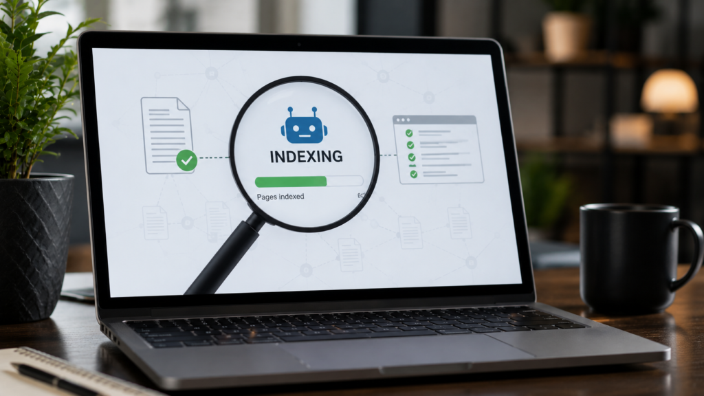 Realistic laptop displaying website indexing progress with search engine crawling and indexed pages, illustrating the SEO indexing process in a modern workspace.