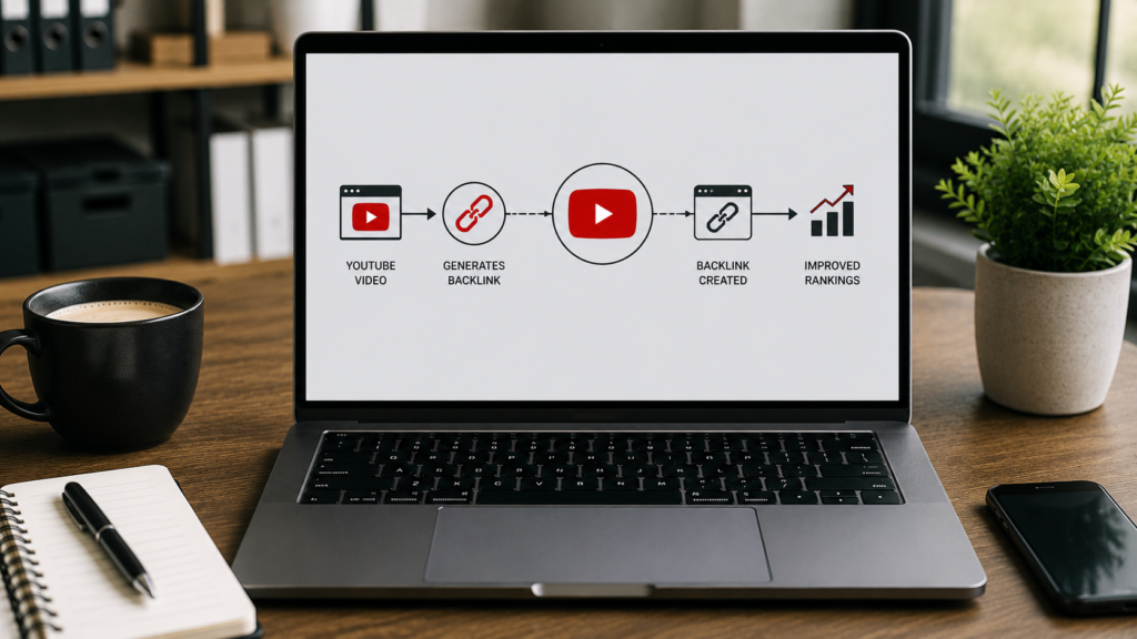 Realistic digital marketing workspace with a laptop illustrating how a YouTube backlink generator creates backlinks from YouTube content to support website visibility, referral traffic, and SEO performance.