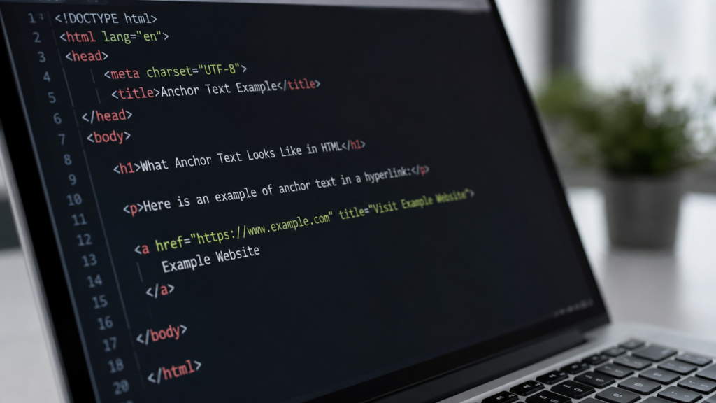 Close-up of an HTML code editor displaying an anchor tag with clickable link text, illustrating what anchor text looks like in HTML on a realistic developer workspace.
