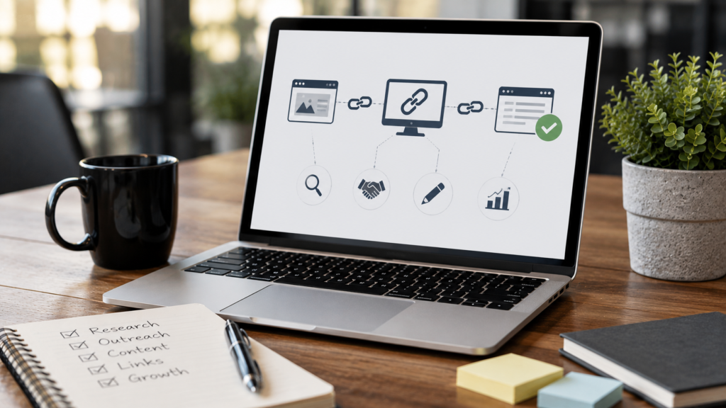 Realistic office desk with a laptop displaying a link building workflow, research notes, outreach checklist, and SEO strategy elements illustrating professional link building services.