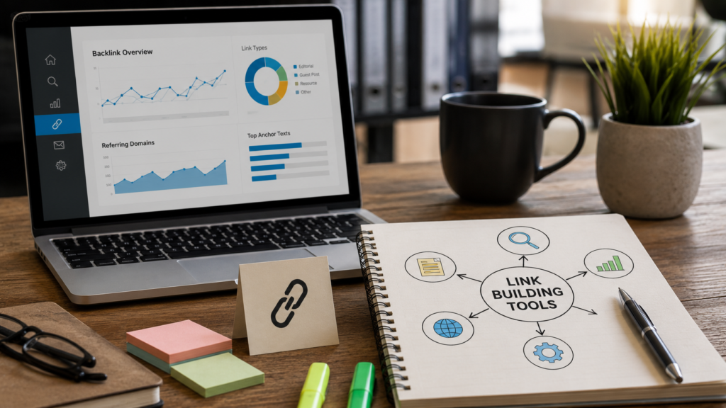 Realistic office workspace with a laptop displaying backlink analytics, notebook showing link-building workflow, and SEO planning tools representing link building software and strategies.