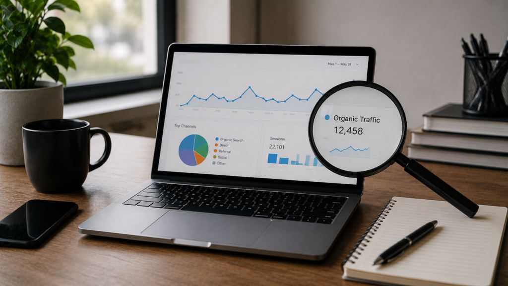 Magnifying glass highlighting organic traffic metrics on a laptop analytics dashboard in a professional workspace, illustrating the process of checking website visitors from search engines and evaluating SEO performance.
