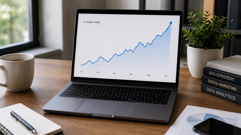 Laptop displaying an upward-trending organic traffic analytics chart on a professional desk, illustrating steady growth in website visitors from search engines through successful SEO efforts.