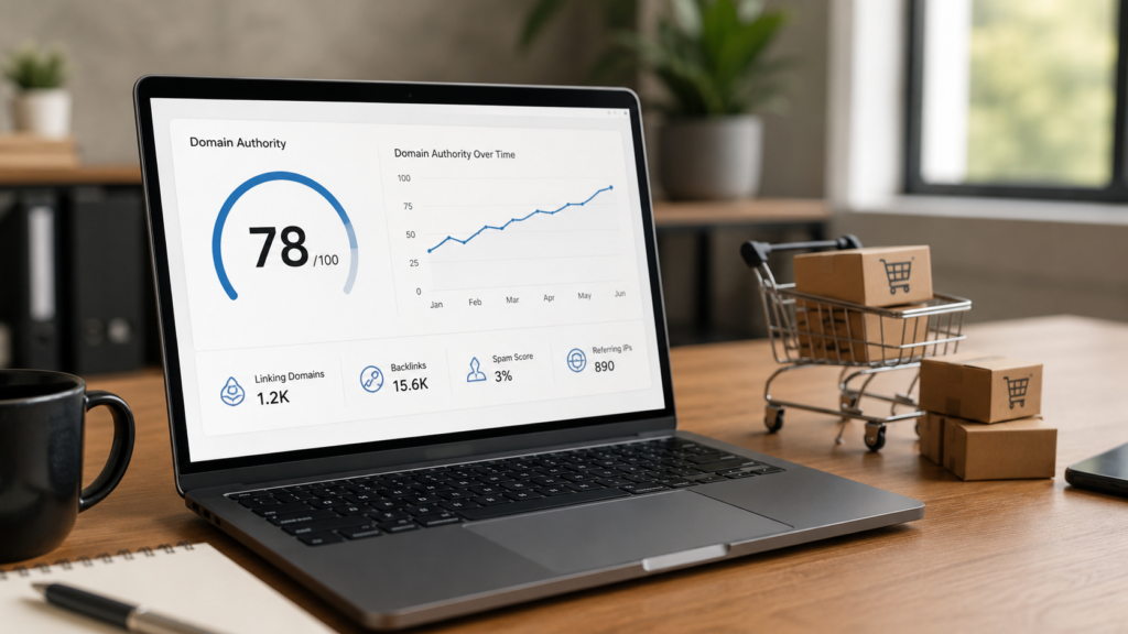 Realistic workspace showing a laptop displaying a domain authority score dashboard with SEO performance metrics, backlink data, and ranking trends to illustrate what a domain authority score measures and why it matters for website SEO.