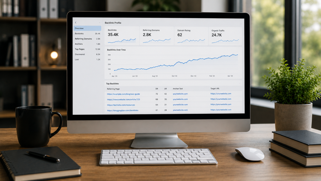 ealistic SEO workspace with a desktop monitor displaying a backlink checker dashboard, showing backlink profiles, referring domains, domain authority metrics, and link analysis used to evaluate a website’s backlink performance.