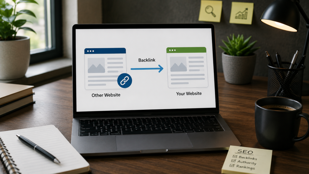 Realistic SEO workspace with a laptop illustrating a backlink connection between two websites, explaining the basic concept of how backlinks transfer authority and support search engine rankings.