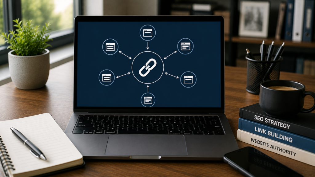 Realistic SEO workspace with a laptop displaying a backlink generation concept diagram connecting multiple websites, illustrating how a backlink generator helps create link opportunities to support website SEO.